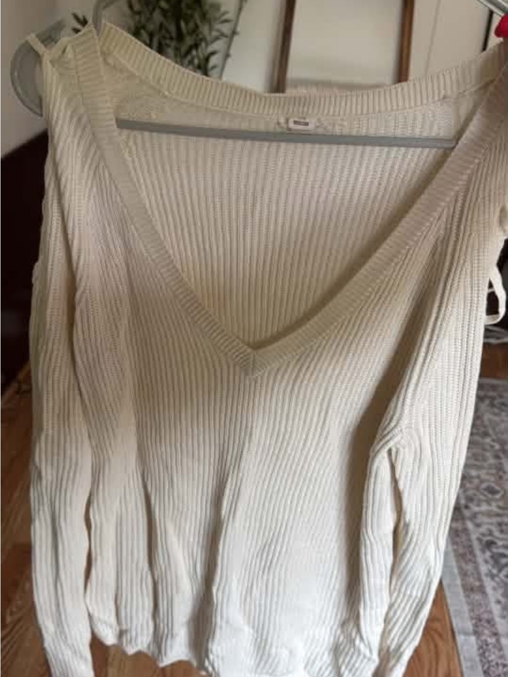 Garage Cream Ribbed V-Neck Sweater Braided Shoulder Tops